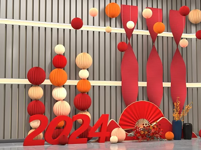 2024 New Year Festive Decorations With Red Lanterns Fans And Striped Wall 3d model