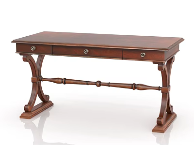 Classic Wooden Desk With Mahogany Finish Three Drawers Decorative Stretcher Legs Traditional Design 3d model