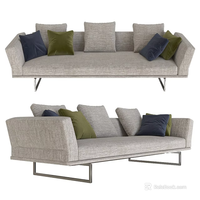 Modern Light Gray Sectional Sofa With Upholstered Fabric Colorful Cushions And Metal Legs 3d model 