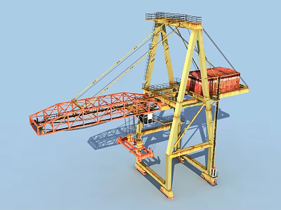 Sturdy Yellow Industrial Crane With Metal Frame Structure And Red Boom Operating Platform 3d model