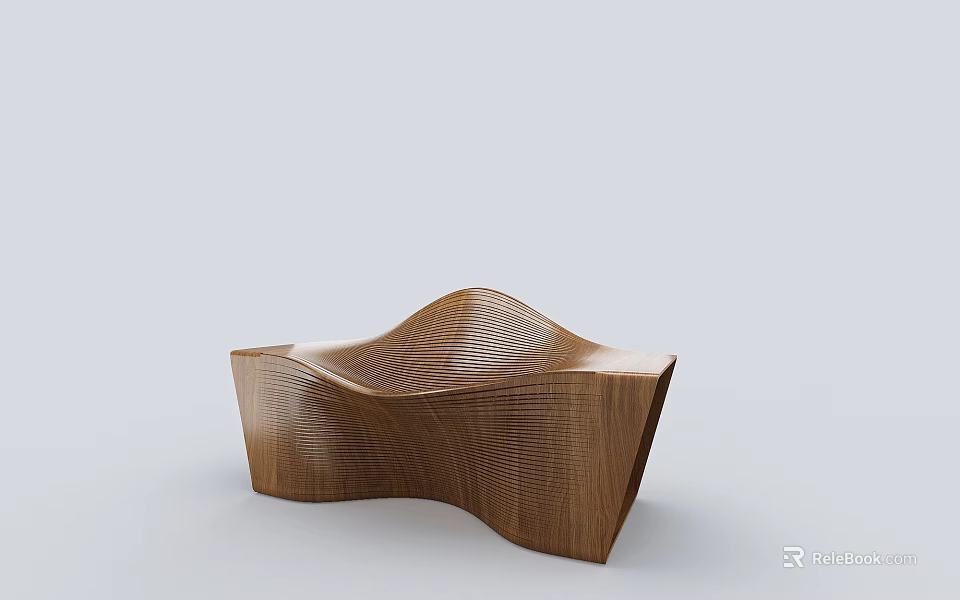 Wooden Public Chair With Wavy Design And Natural Wood Grain Texture 3d model 