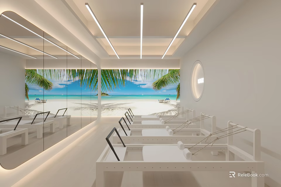 Bright Pilates Studio With Beach View And Mirrors 3d model 