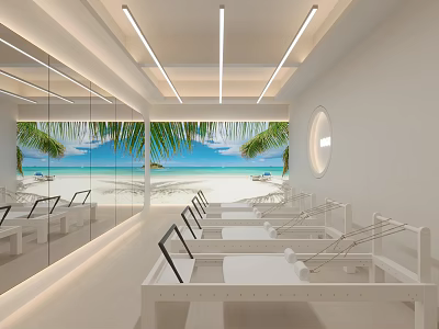 Bright Pilates Studio With Beach View And Mirrors 3d model