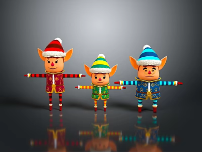 Three Festive Christmas Elves In Colorful Striped Outfits With Hats And Reflections 3d model