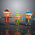 Three Festive Christmas Elves In Colorful Striped Outfits With Hats And Reflections