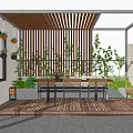 Rooftop Garden With Wooden Flooring Striped Awning Rattan Furniture Green Plants City View And Railing