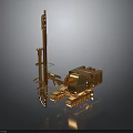 Golden Tracked Engineering Vehicle With Long Drill Arm And Metallic Texture On Dark Background