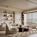 Modern Living Room Interior Design With Sofa Armchair Coffee Tables Shelves Floor Lamp And Rug