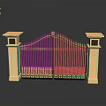 Black Wrought Iron Gate With Beige Stone Pillars And Ornate Design For Entrance