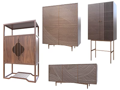 Modern Wooden Decorative Cabinets With Intricate Patterns And Metal Support Legs 3d model