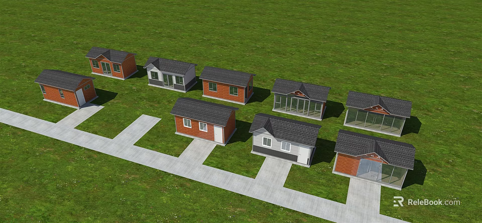 Multiple Detached Villas With Green Lawn Driveways And Various Exterior Designs 3d model 