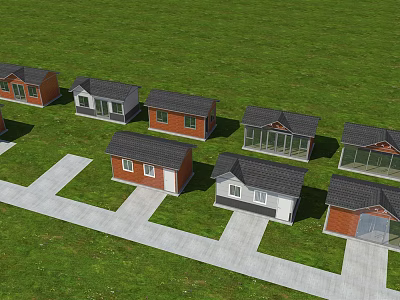 Multiple Detached Villas With Green Lawn Driveways And Various Exterior Designs 3d model