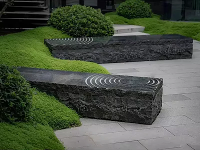 Garden Ornaments With Spiral Patterned Stone Slabs Lush Green Grass And Trimmed Shrubs 3d model