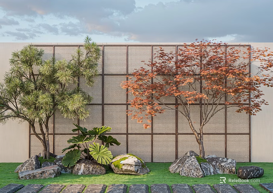 Trees With Green And Red Foliage Against Lattice Wall With Grass Rocks And Plants 3d model 