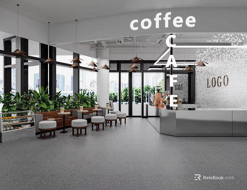 Modern Coffee Cafe Interior With Counter Tables Chairs Plants And Large Windows 3d model 