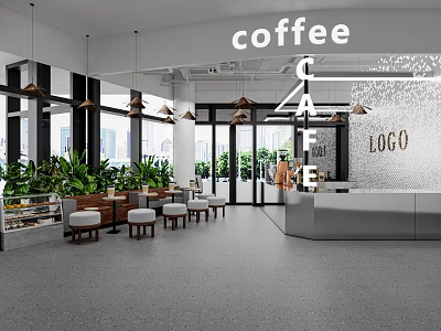 Modern Coffee Cafe Interior With Counter Tables Chairs Plants And Large Windows 3d model