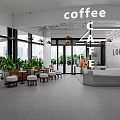 Modern Coffee Cafe Interior With Counter Tables Chairs Plants And Large Windows