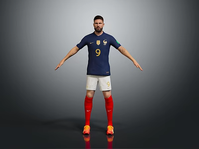 French Football Player In Blue Jersey Number 9 With White Shorts And Red Socks 3d model