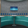 Circular Office Booth With Wooden Frame Table And Chairs And Digital Screen