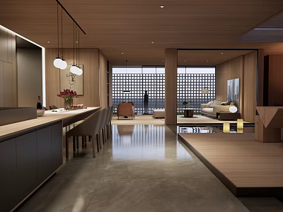 Modern Dining and Living Room Interior with Wooden Ceiling Sofa Set and Large Windows 3d model