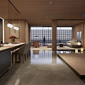 Modern Dining and Living Room Interior with Wooden Ceiling Sofa Set and Large Windows
