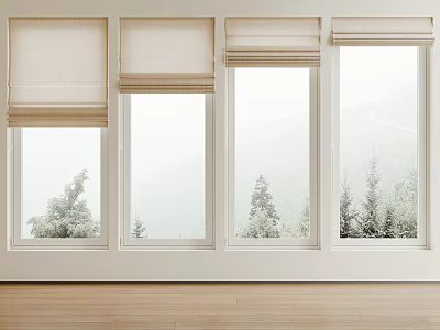 Roman Blinds on Windows in Room with Mountain View Trees Wooden Floor White Walls 3d model