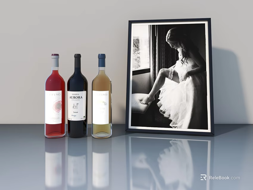 Elegant Display of Three Wine Bottles and Black White Photo with Woman in White Dress 3d model 