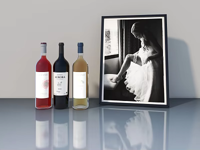 Elegant Display of Three Wine Bottles and Black White Photo with Woman in White Dress 3d model