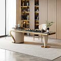 Modern Elegant Tea Table and Chairs with Golden Legs Marble Top and Tea Set