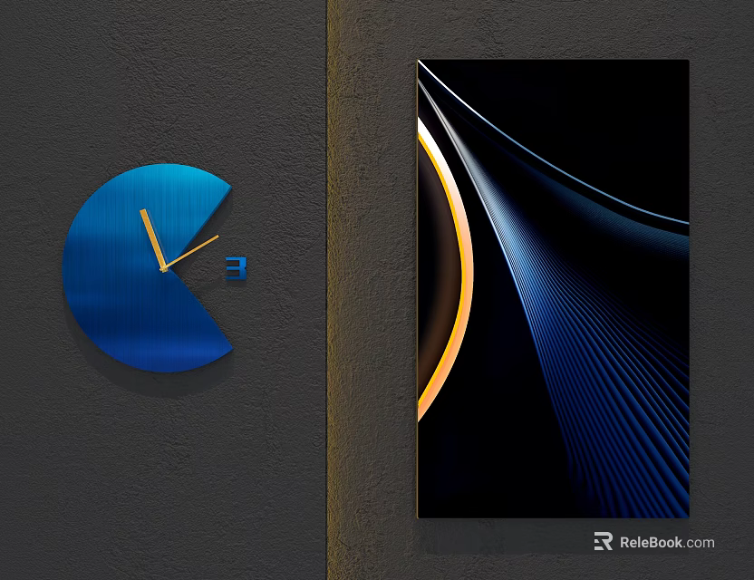 Modern Wall Hanging Decor Featuring Blue Semicircular Clock and Golden Curved Art 3d model 