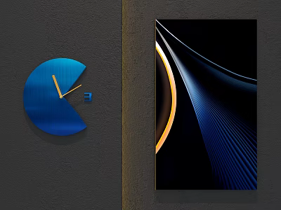 Modern Wall Hanging Decor Featuring Blue Semicircular Clock and Golden Curved Art 3d model