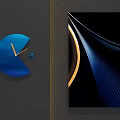 Modern Wall Hanging Decor Featuring Blue Semicircular Clock and Golden Curved Art