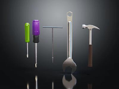 Essential Hardware Tools Including Colorful Screwdrivers T Handle Wrench Adjustable Wrench And Hammer 3d model