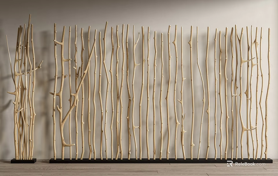 Decorative Wooden Room Divider With Natural Branch Like Slats For Interior Design 3d model 