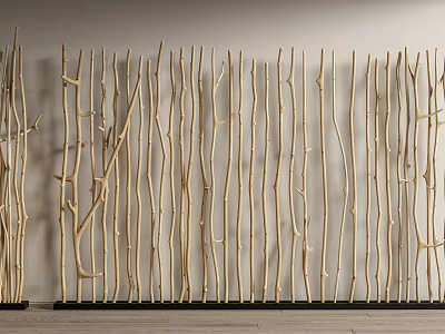 Decorative Wooden Room Divider With Natural Branch Like Slats For Interior Design 3d model