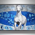 Dynamic Animal Painting of Two White Horses Running Through Splashing Water Under Blue Sky