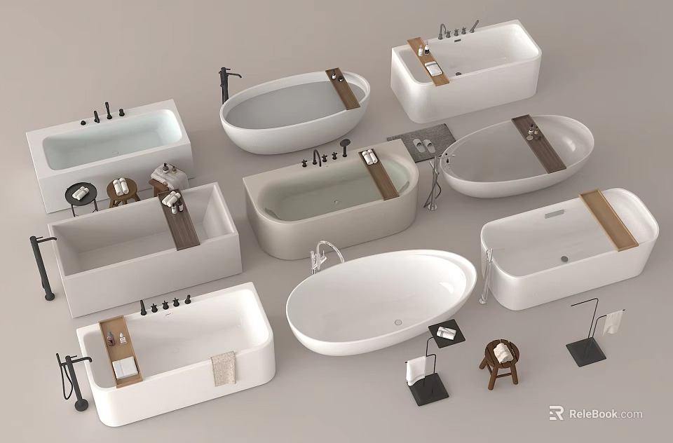 Various Bathtub Designs With Freestanding Shapes Faucets And Wooden Accents 3d model 