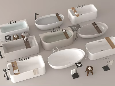 Various Bathtub Designs With Freestanding Shapes Faucets And Wooden Accents 3d model