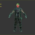 Game Movie Character In Standing Pose With Purple Scarf Green Vest And Arm Guards