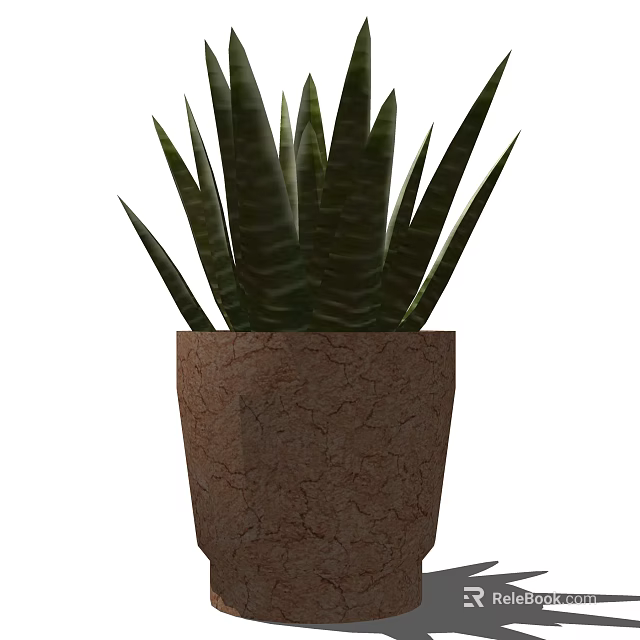 Green Bonsai Potted Plant With Long Striped Leaves In Brown Cracked Pot 3d model 