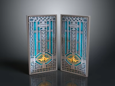 Two Decorative Doors With Blue Gold Eagle Motifs And Intricate Geometric Patterns 3d model