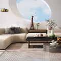 Modern Living Room Interior With Round Window Turquoise Curtains And Beige Sofa