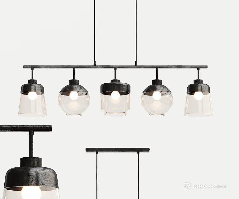 Five Modern Pendant Lights With Clear Glass Shades And Black Metal Linear Frame 3d model 