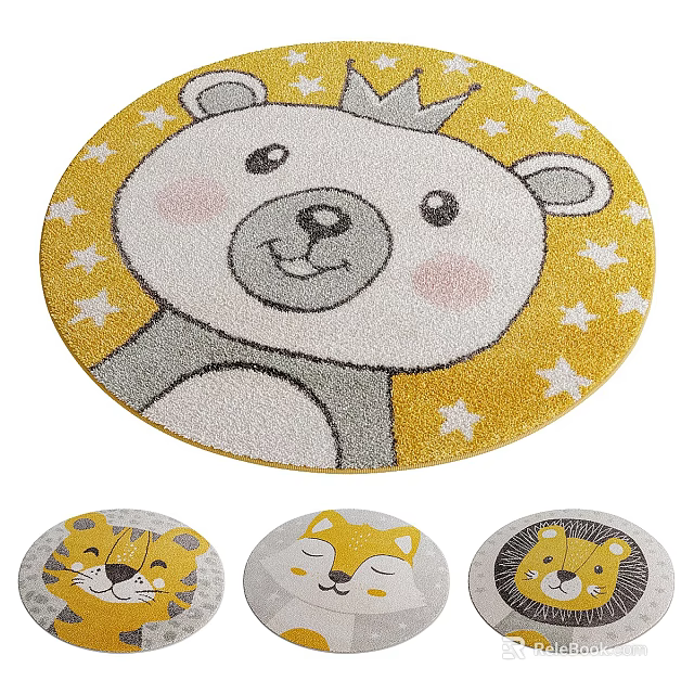 Round Kids Rug With Bear Crown Design And Animal Patterns On Yellow Background 3d model 