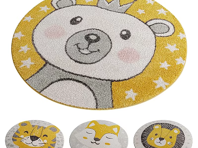 Round Kids Rug With Bear Crown Design And Animal Patterns On Yellow Background 3d model