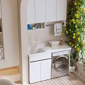 Modern Home Balcony Design With White Cabinets Washing Machine Green Vines Hanging Lamp And Wooden Floor