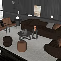 Modern Sofa Coffee Table Combination With Leather Sofa Pillows Floor Lamps And Armchairs On Rug