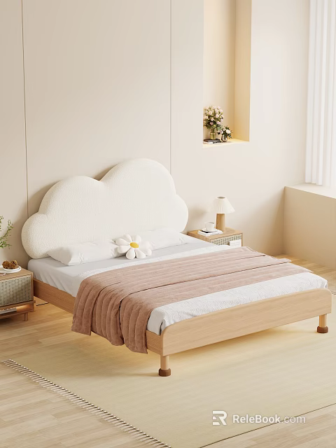 Double Bed with Cloud Shaped Headboard Wooden Frame White Pillows Flower Decor and Beige Walls 3d model 