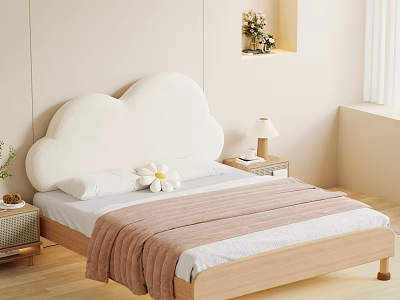 Double Bed with Cloud Shaped Headboard Wooden Frame White Pillows Flower Decor and Beige Walls 3d model
