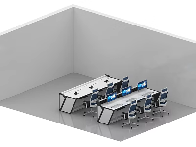 Modern Control Room Interior Setup With Control Desks Multiple Monitors And Ergonomic Chairs 3d model